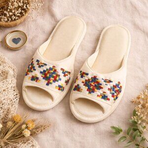 Vintage Embroidered House Slippers Womens Size 6 Folk Art Boho Lounge Slides
